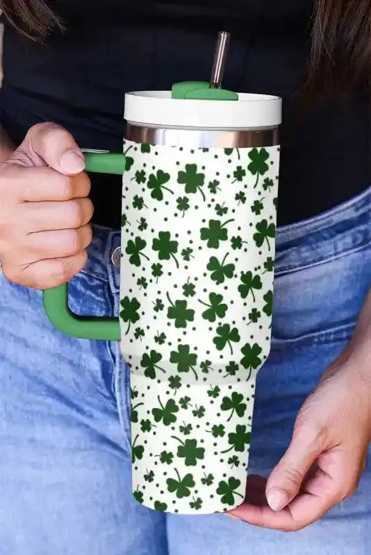 Dark Green Clover Print Thermos Cup with Handle 40oz - Fashionfitz