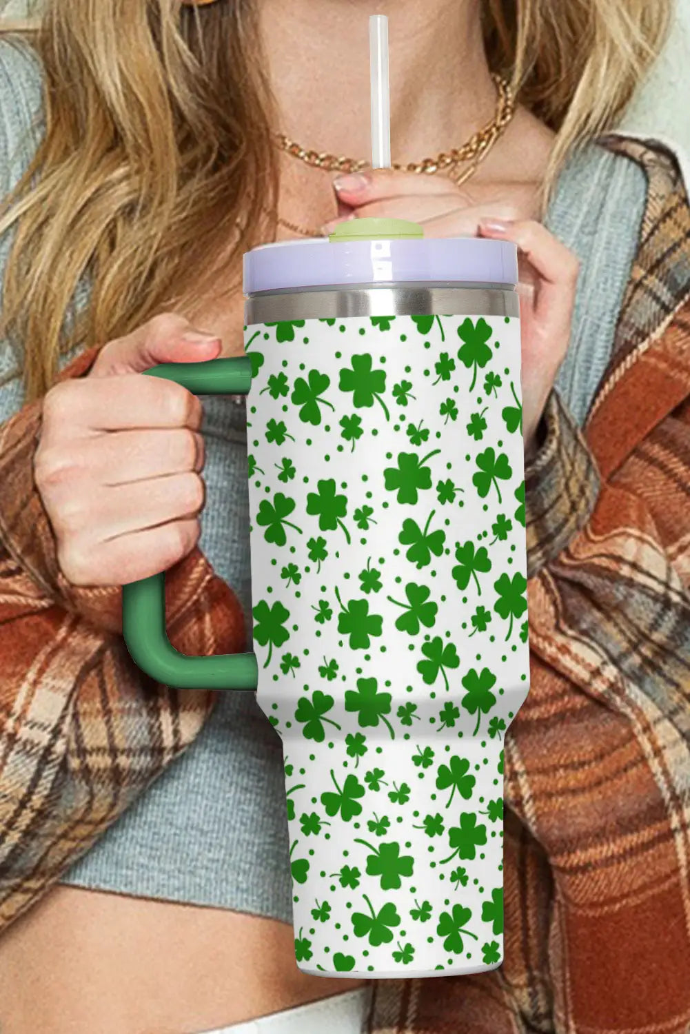 Dark green clover print thermos cup with handle 40oz - one size / 100% alloy - tumblers