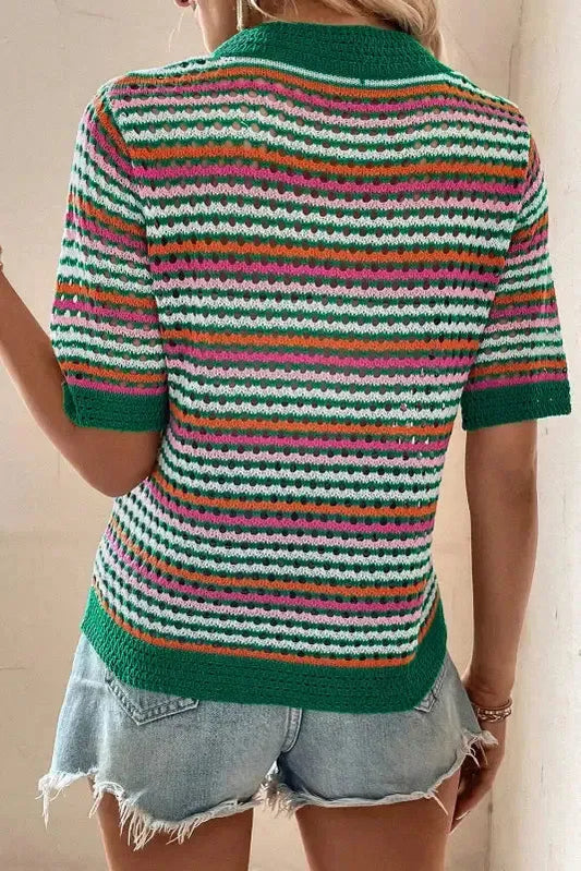 Dark Green Striped Pattern Contrast Trim Pointelle Knit T Shirt - Fashionfitz