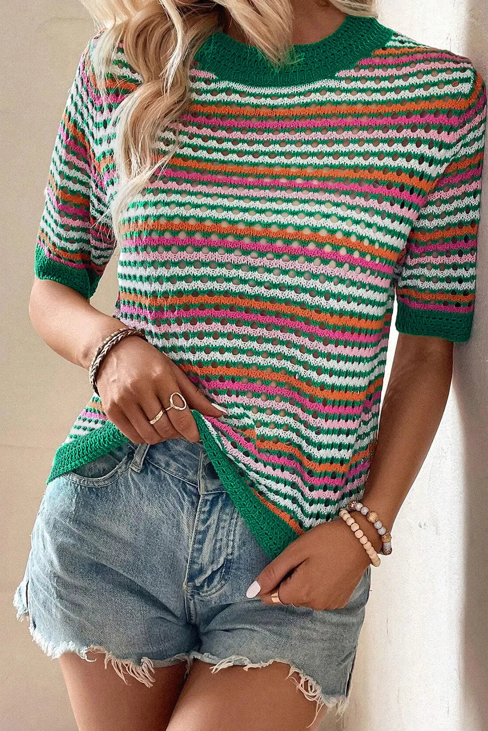 Dark green striped pattern contrast trim pointelle knit t shirt - s / 55% acrylic + 45% cotton - tops