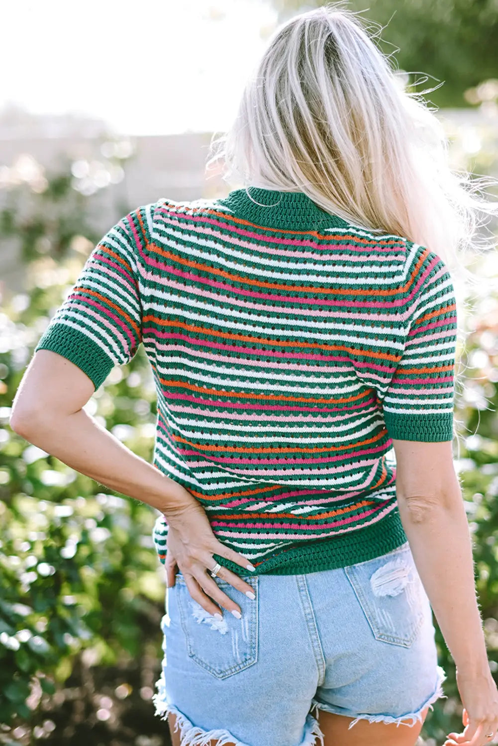 Dark green striped pattern contrast trim pointelle knit t shirt - tops