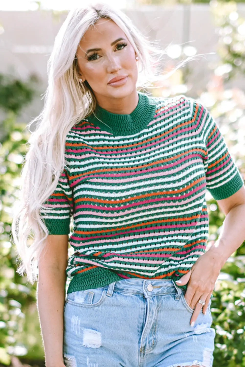 Dark green striped pattern contrast trim pointelle knit t shirt - tops