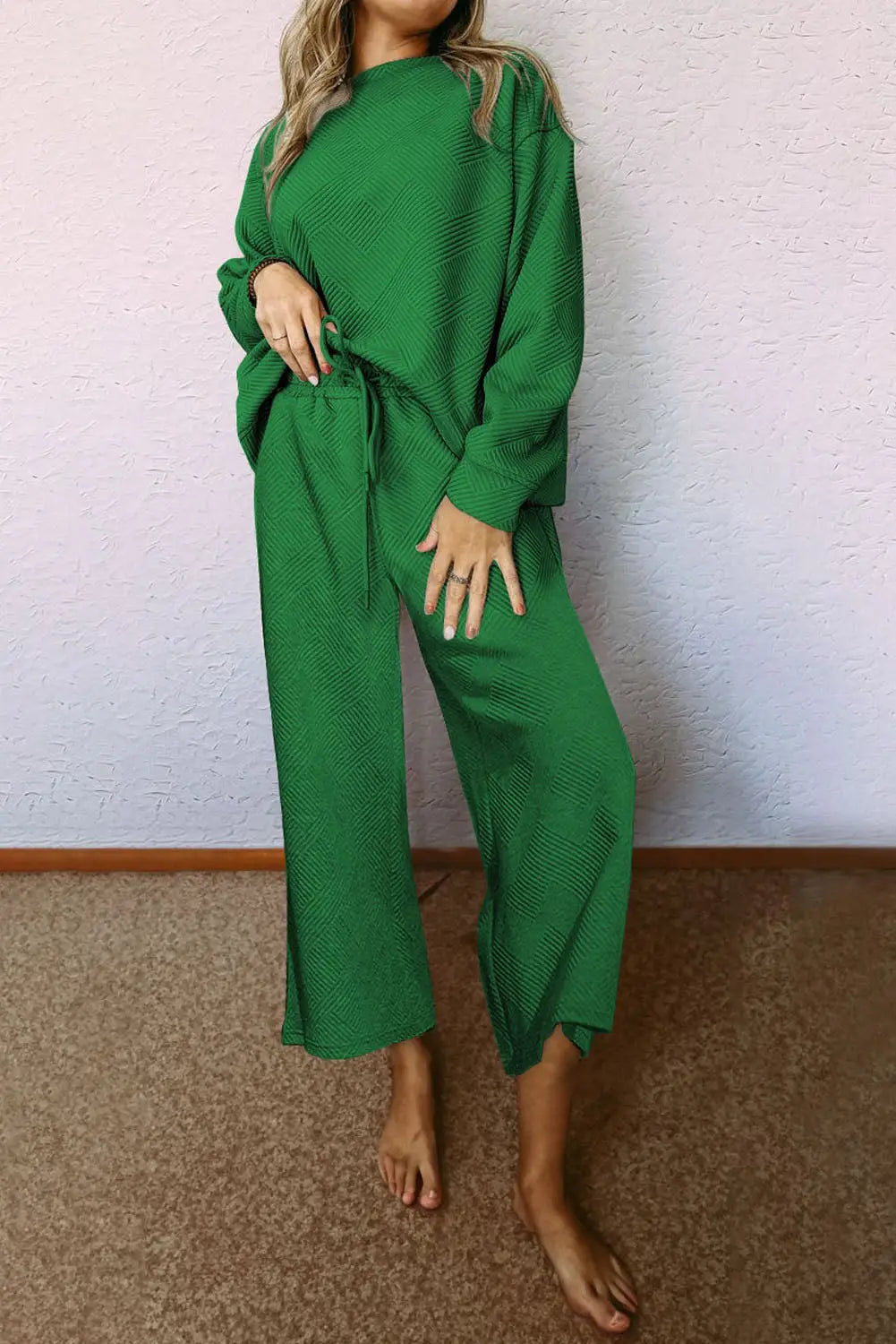 Dark green ultra loose textured 2pcs slouchy outfit - 2xl / 95% polyester + 5% elastane - pants sets