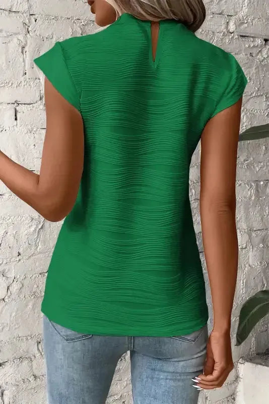 Dark Green Wavy Textured Mock Neck Cap Sleeve Top - Fashionfitz