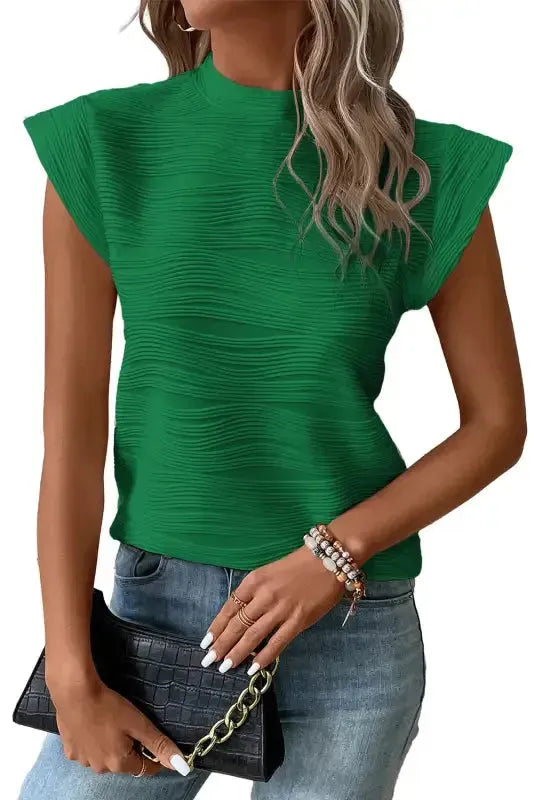Dark Green Wavy Textured Mock Neck Cap Sleeve Top - Fashionfitz
