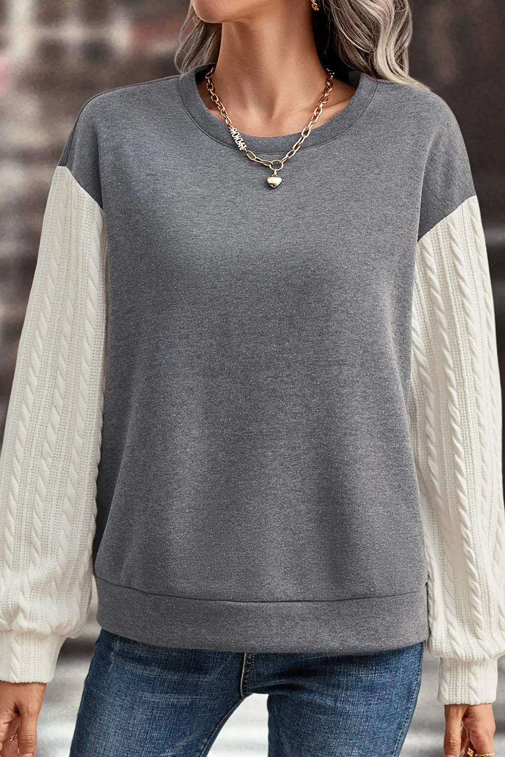 Dark grey cable knit sleeves crew neck sweatshirt - tops