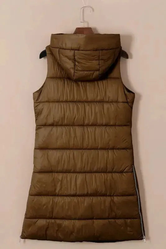Dark Grey Hooded Long Quilted Vest Coat - Fashionfitz