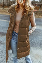 Dark Grey Hooded Long Quilted Vest Coat - Fashionfitz