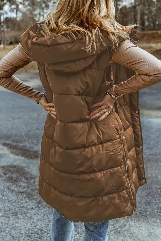 Dark Grey Hooded Long Quilted Vest Coat - Fashionfitz