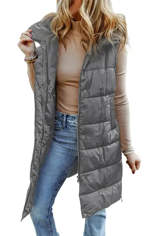 Dark Grey Hooded Long Quilted Vest Coat - Fashionfitz