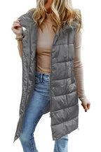 Dark Grey Hooded Long Quilted Vest Coat - Fashionfitz