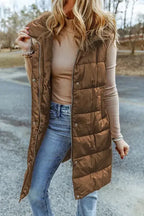 Dark Grey Hooded Long Quilted Vest Coat - Fashionfitz