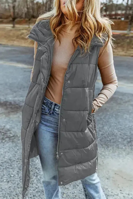 Dark Grey Hooded Long Quilted Vest Coat - Fashionfitz