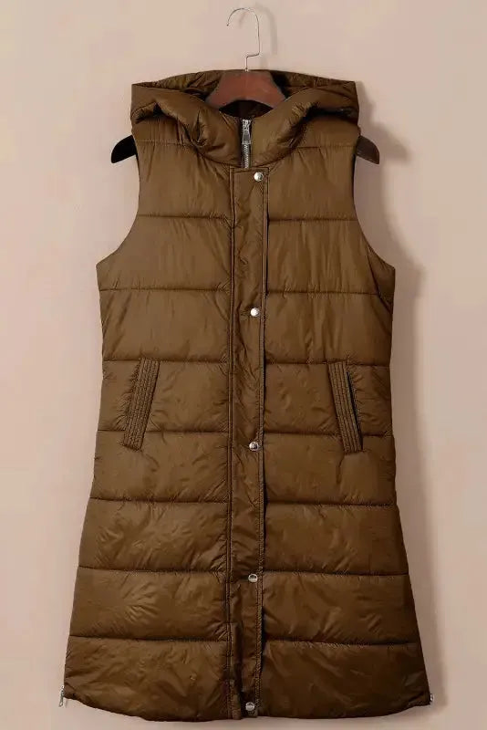 Dark Grey Hooded Long Quilted Vest Coat - Fashionfitz