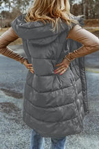 Dark Grey Hooded Long Quilted Vest Coat - Fashionfitz