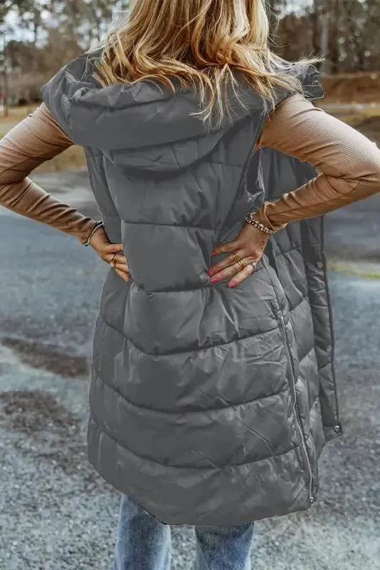 Dark Grey Hooded Long Quilted Vest Coat - Fashionfitz