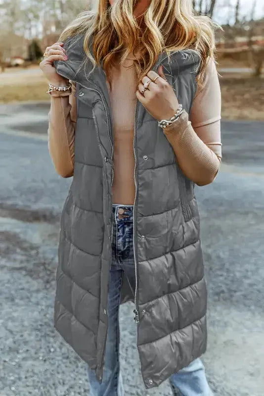 Dark Grey Hooded Long Quilted Vest Coat - Fashionfitz