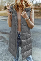 Dark Grey Hooded Long Quilted Vest Coat - Fashionfitz