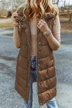 Dark Grey Hooded Long Quilted Vest Coat - Fashionfitz