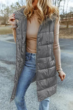 Dark Grey Hooded Long Quilted Vest Coat - Fashionfitz