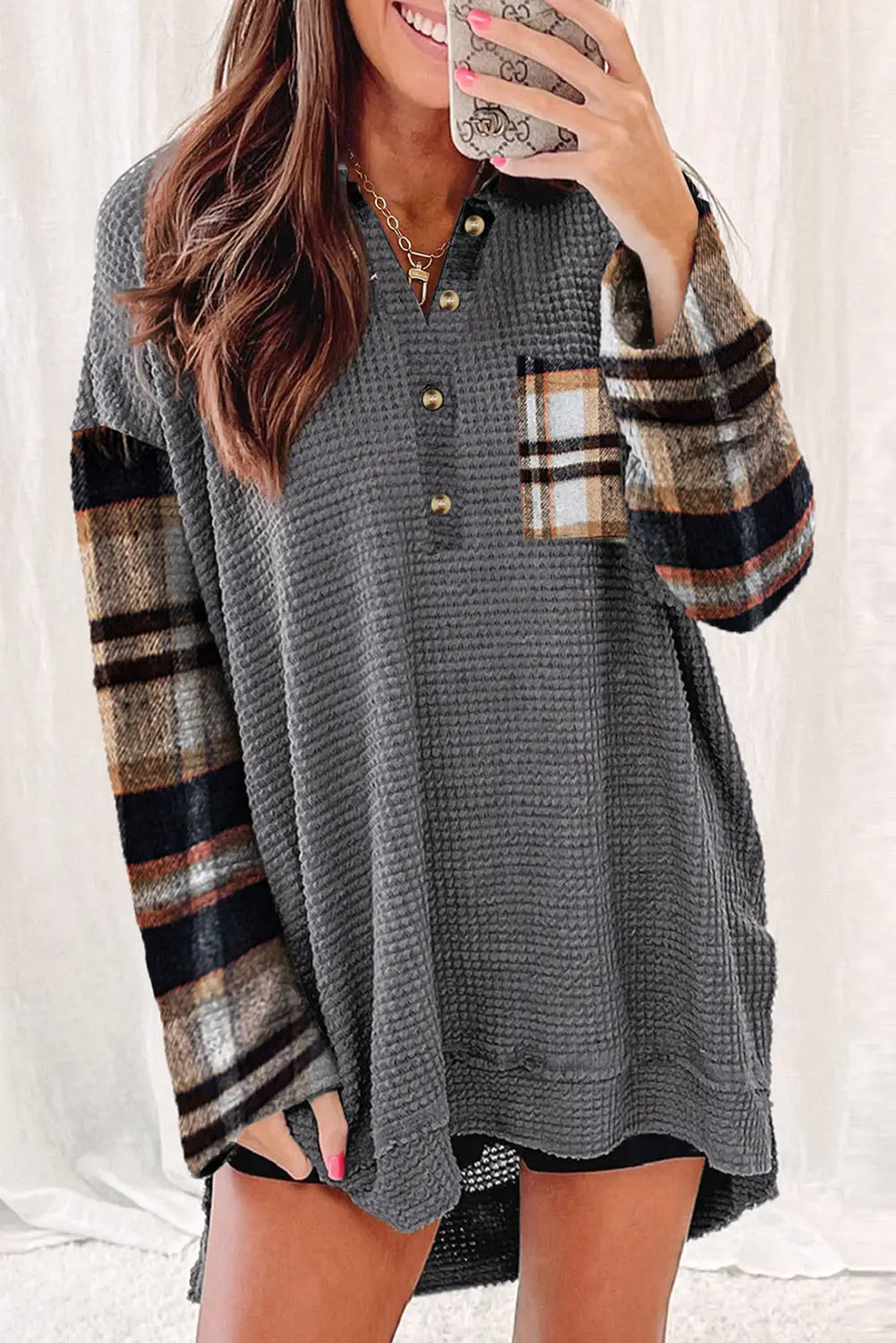 Dark grey loose plaid patchwork textured knit henley top - l / 95% polyester + 5% elastane - long sleeve tops