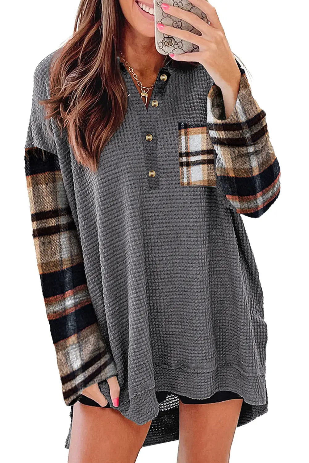 Dark grey loose plaid patchwork textured knit henley top - long sleeve tops