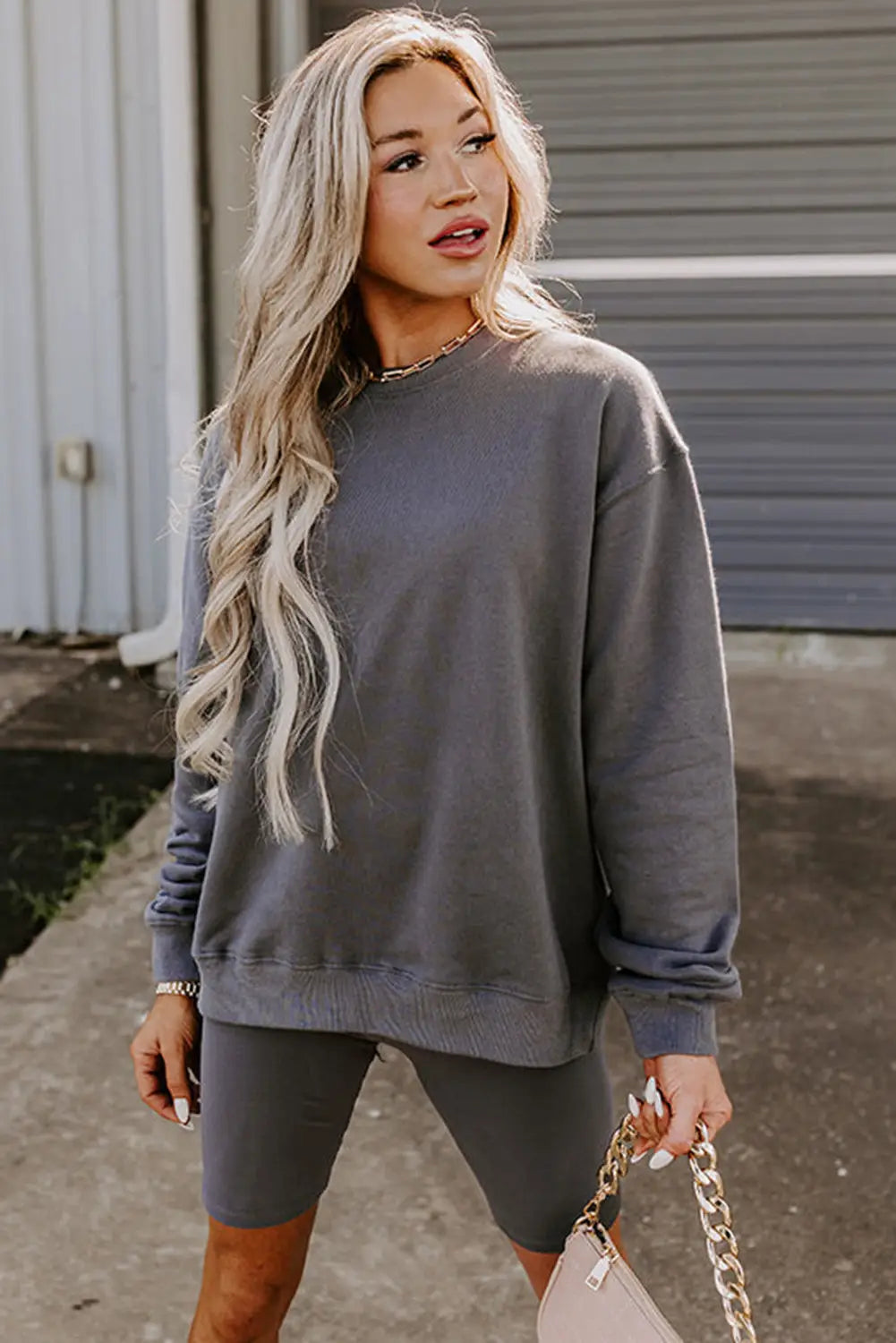 Dark grey solid color pullover and skinny shorts two piece set - loungewear