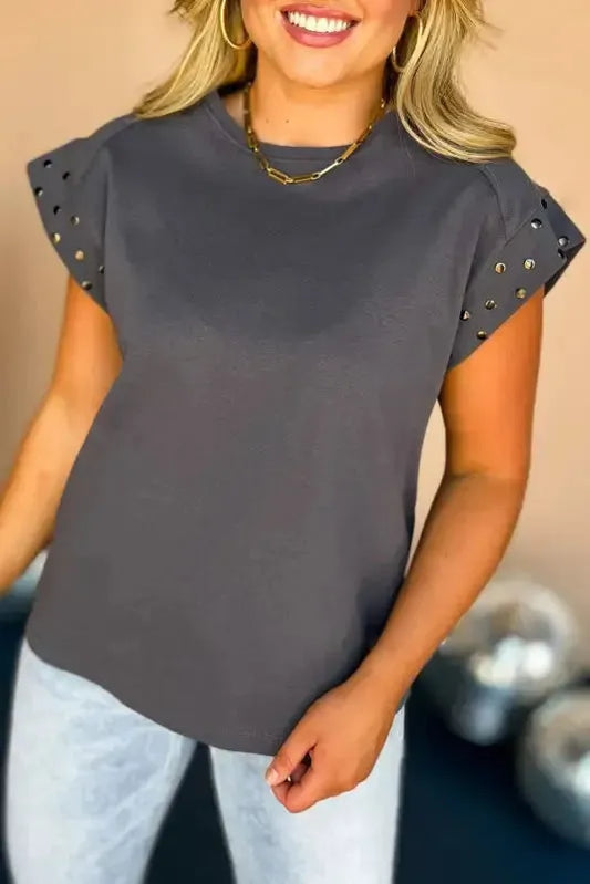 Dark Grey Studded Short Sleeve Top - Fashionfitz