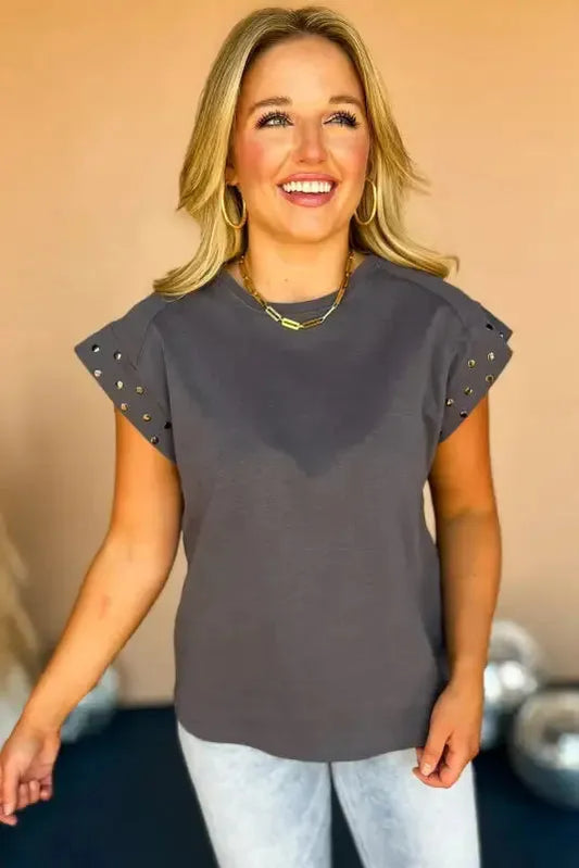 Dark Grey Studded Short Sleeve Top - Fashionfitz