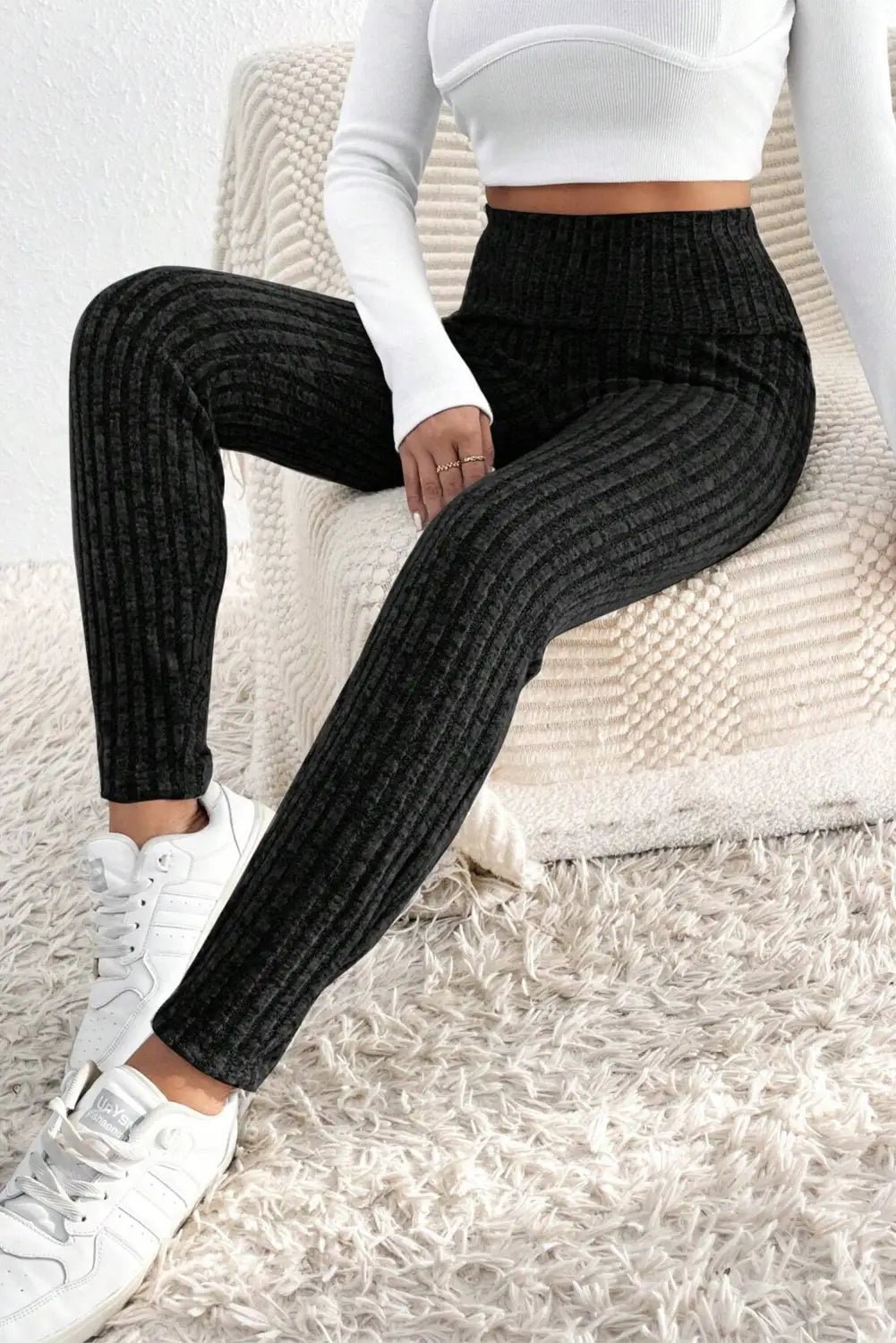 Dark grey wide waistband ribbed textured knit leggings - black / l / 95% polyester + 5% elastane