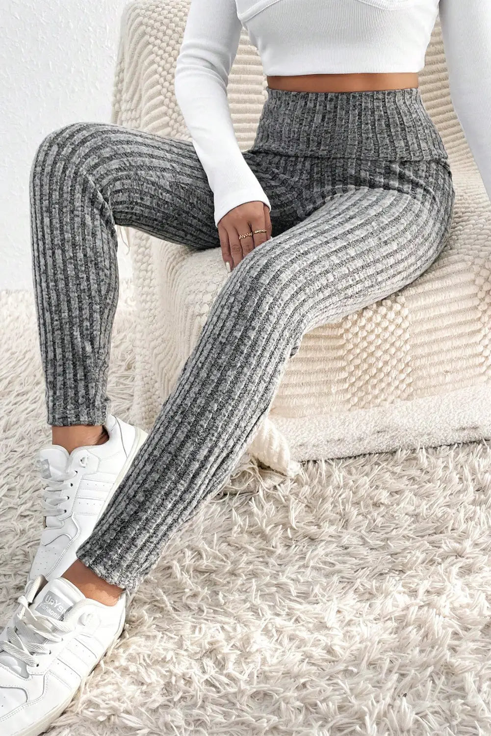 Dark grey wide waistband ribbed textured knit leggings - gray / l / 95% polyester + 5% elastane