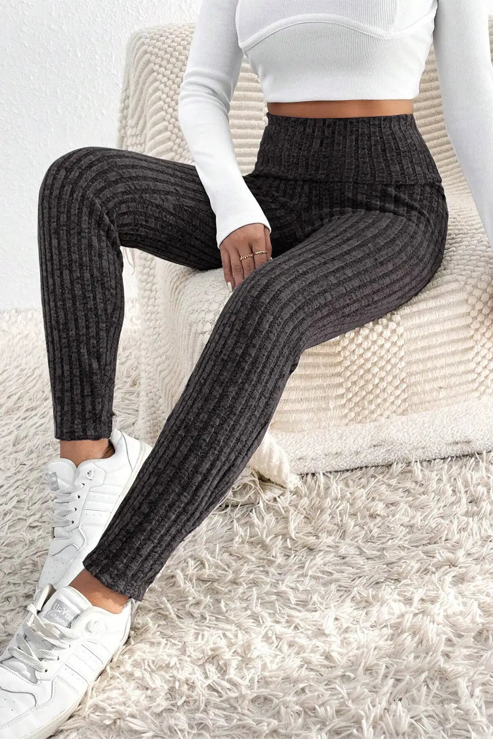Dark grey wide waistband ribbed textured knit leggings - l / 95% polyester + 5% elastane