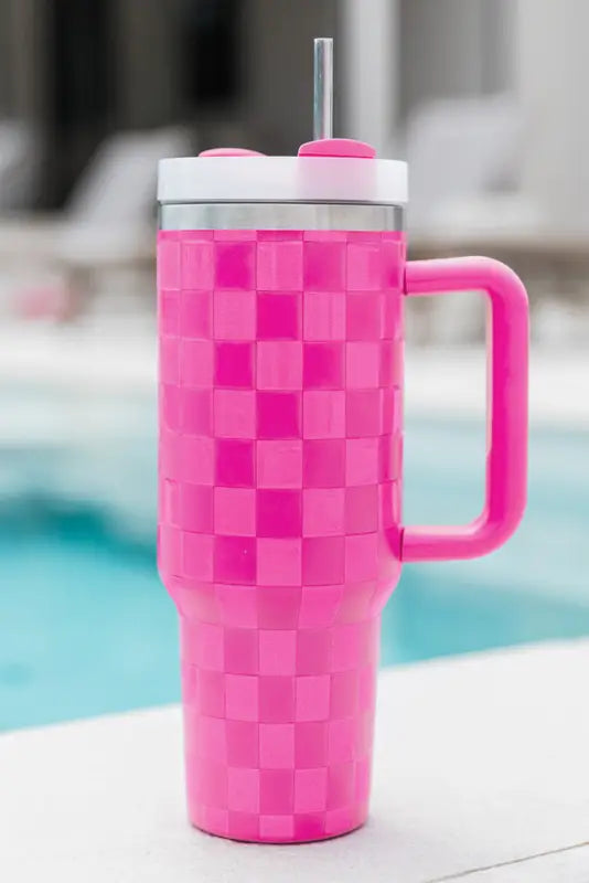 Dark pink checkered print handled stainless steel tumbler