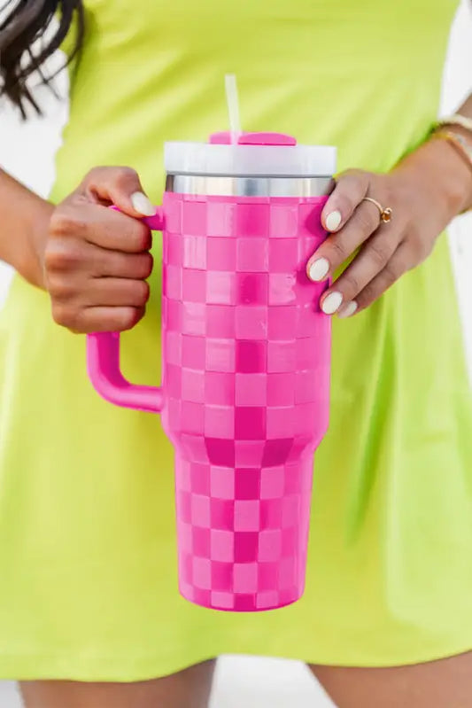 Dark pink checkered print handled stainless steel tumbler