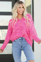 Dark Pink Colorful Spots Knitted V Neck Casual Sweater - Fashionfitz