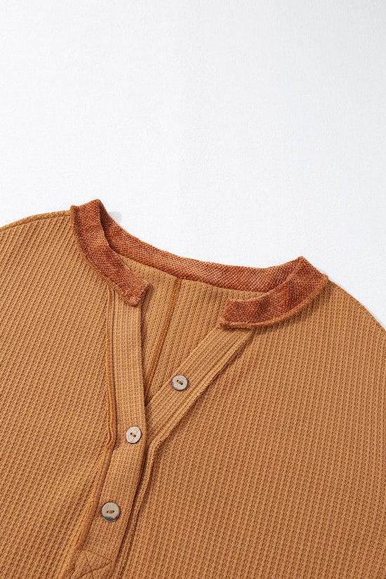 Contrast waffle knit henley top clothing tops