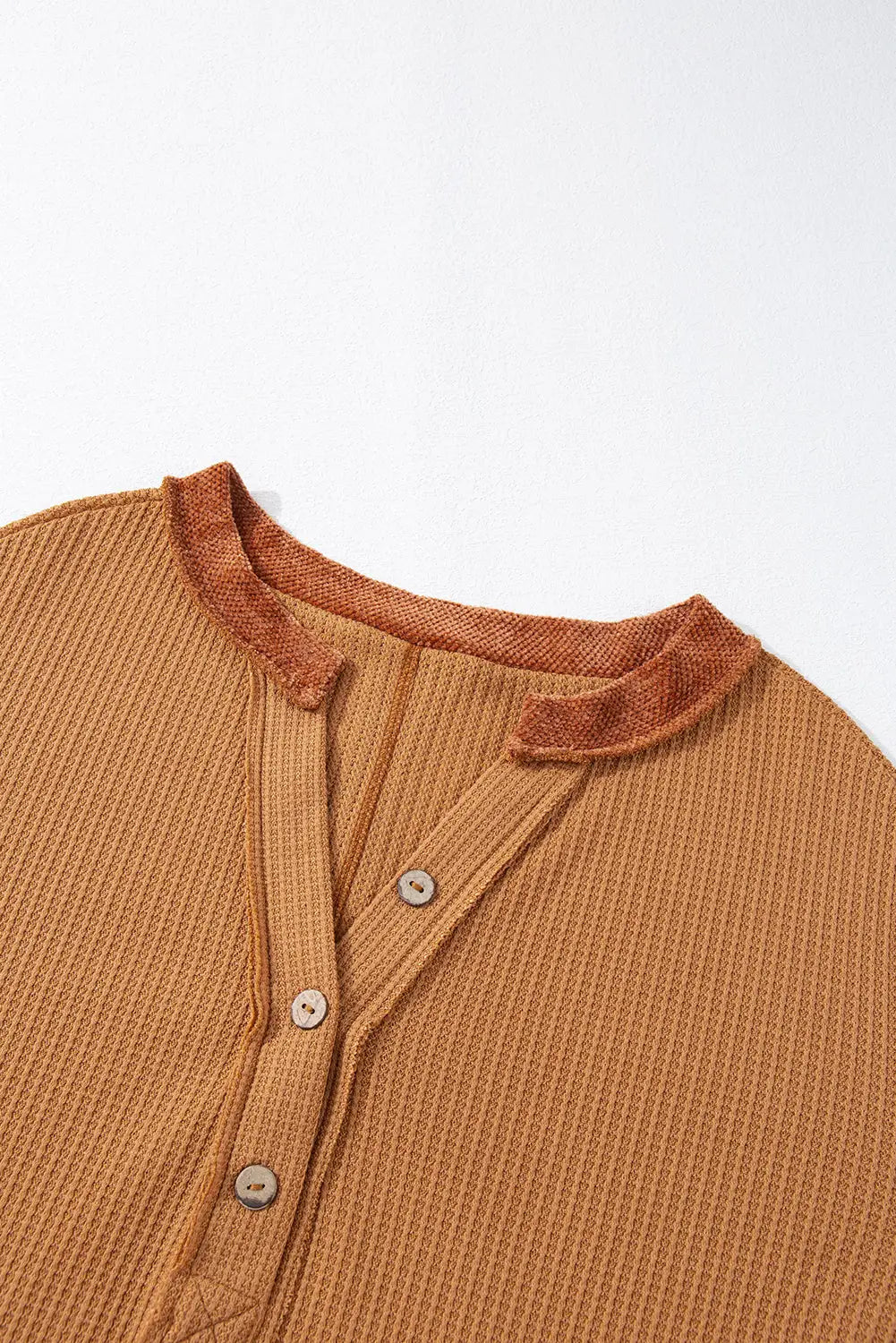 Contrast waffle knit henley top clothing tops