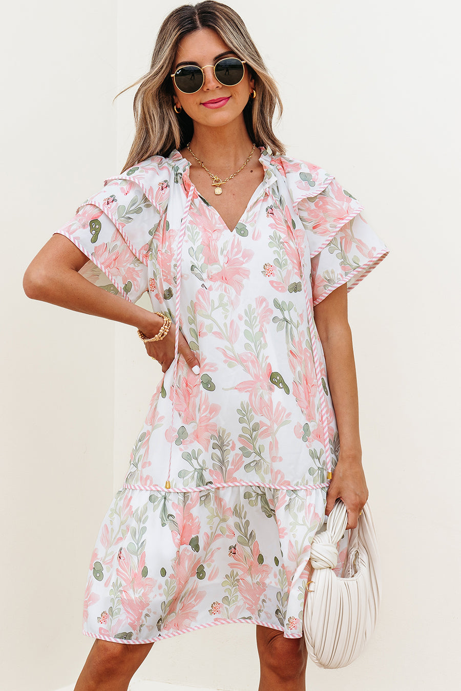 Pink Floral Contrast Edge Layered Short Sleeve Mini Dress Women UK