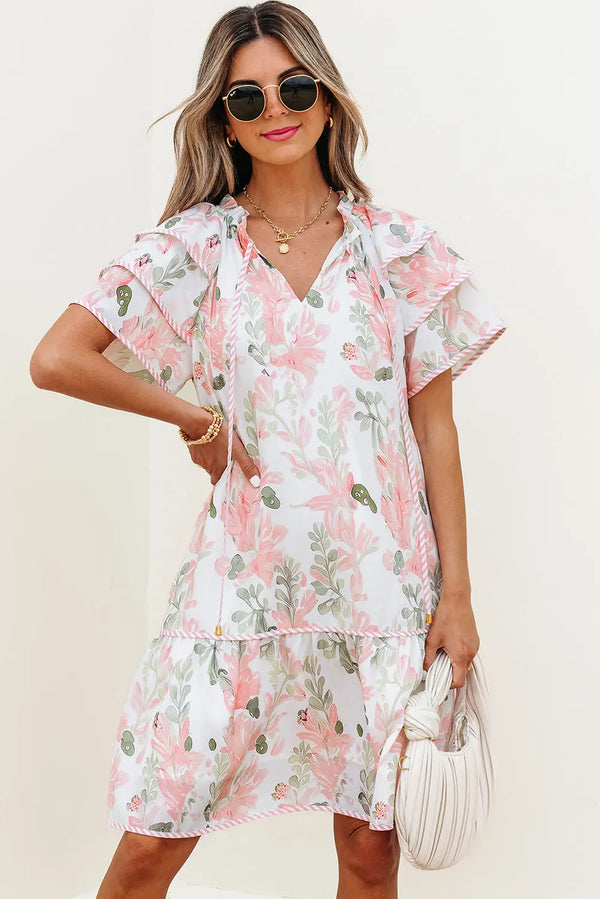 Pink Floral Contrast Edge Layered Short Sleeve Mini Dress Women UK — front view