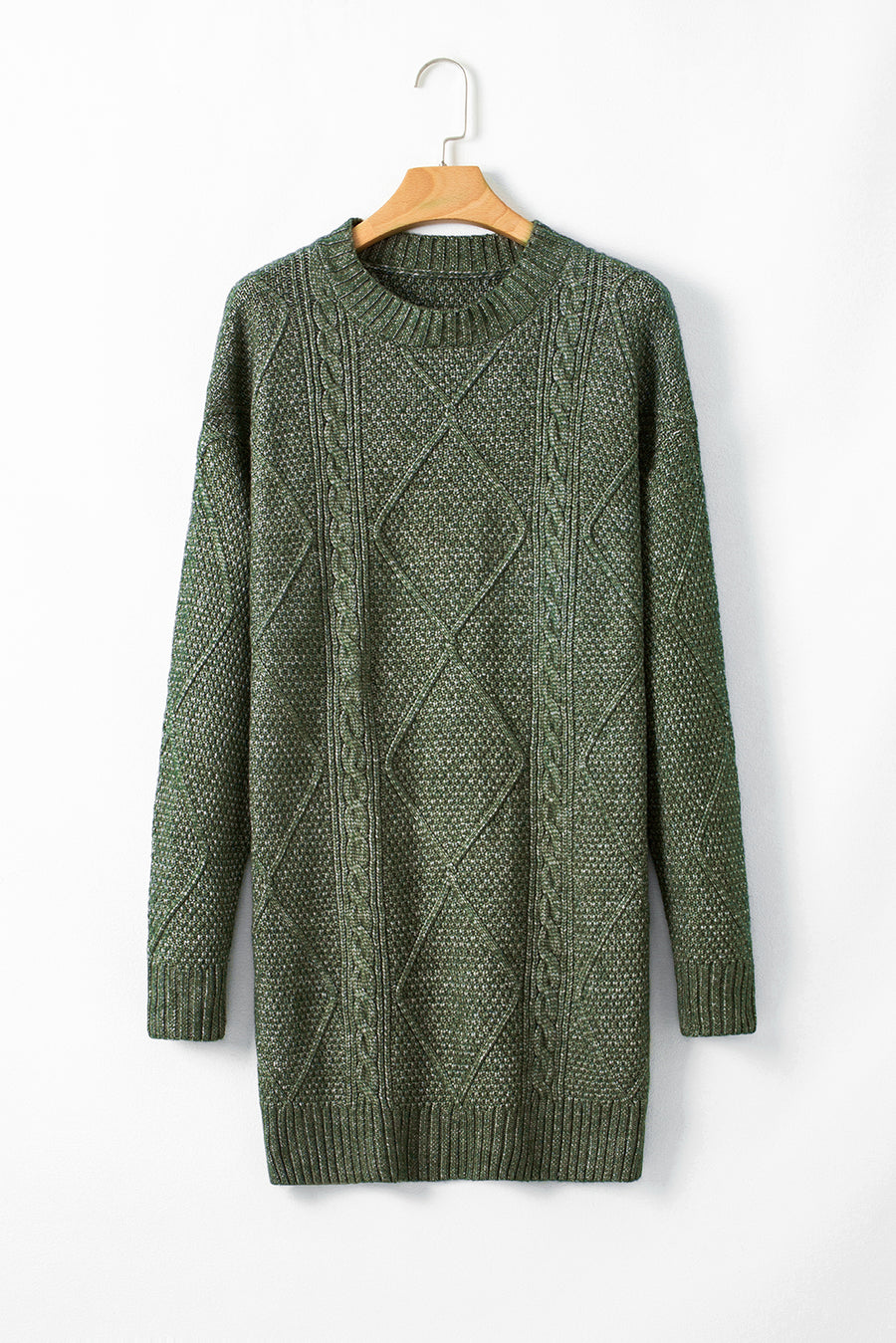 Mist Green Cable Knit Drop Shoulder Loose Fit Jumper Dress UK