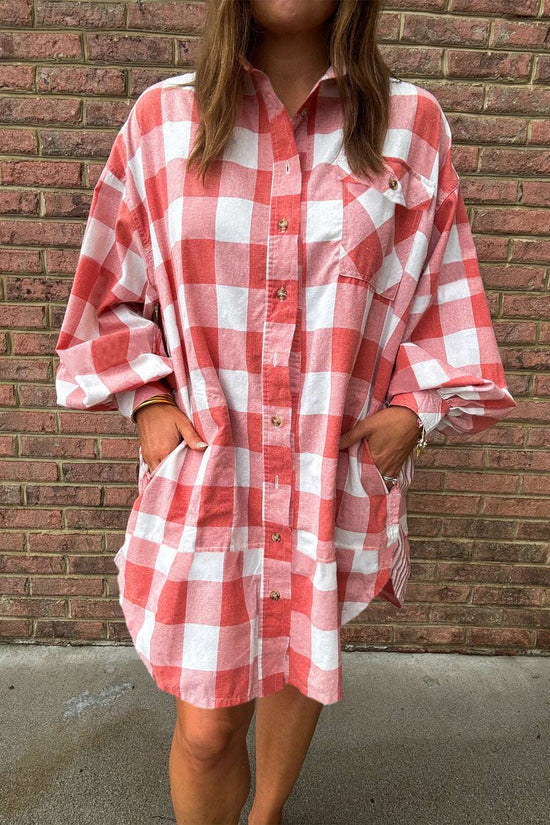 Pink plaid oversized shirt dress women casual mini dress with pockets