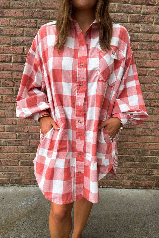 Pink plaid oversized shirt dress women casual mini dress with pockets