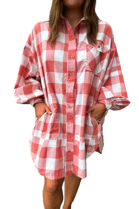 Pink plaid oversized shirt dress women casual mini dress with pockets