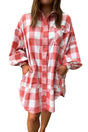 Pink plaid oversized shirt dress women casual mini dress with pockets