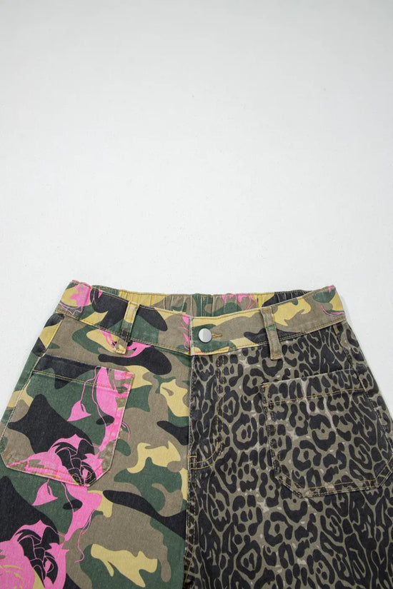 Multicolour abstract leopard patchwork straight jeans