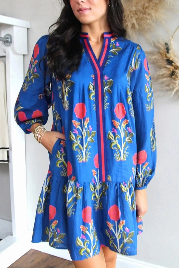 Sky Blue Floral Contrast Striped Notched Neck Dress Women UK — back view