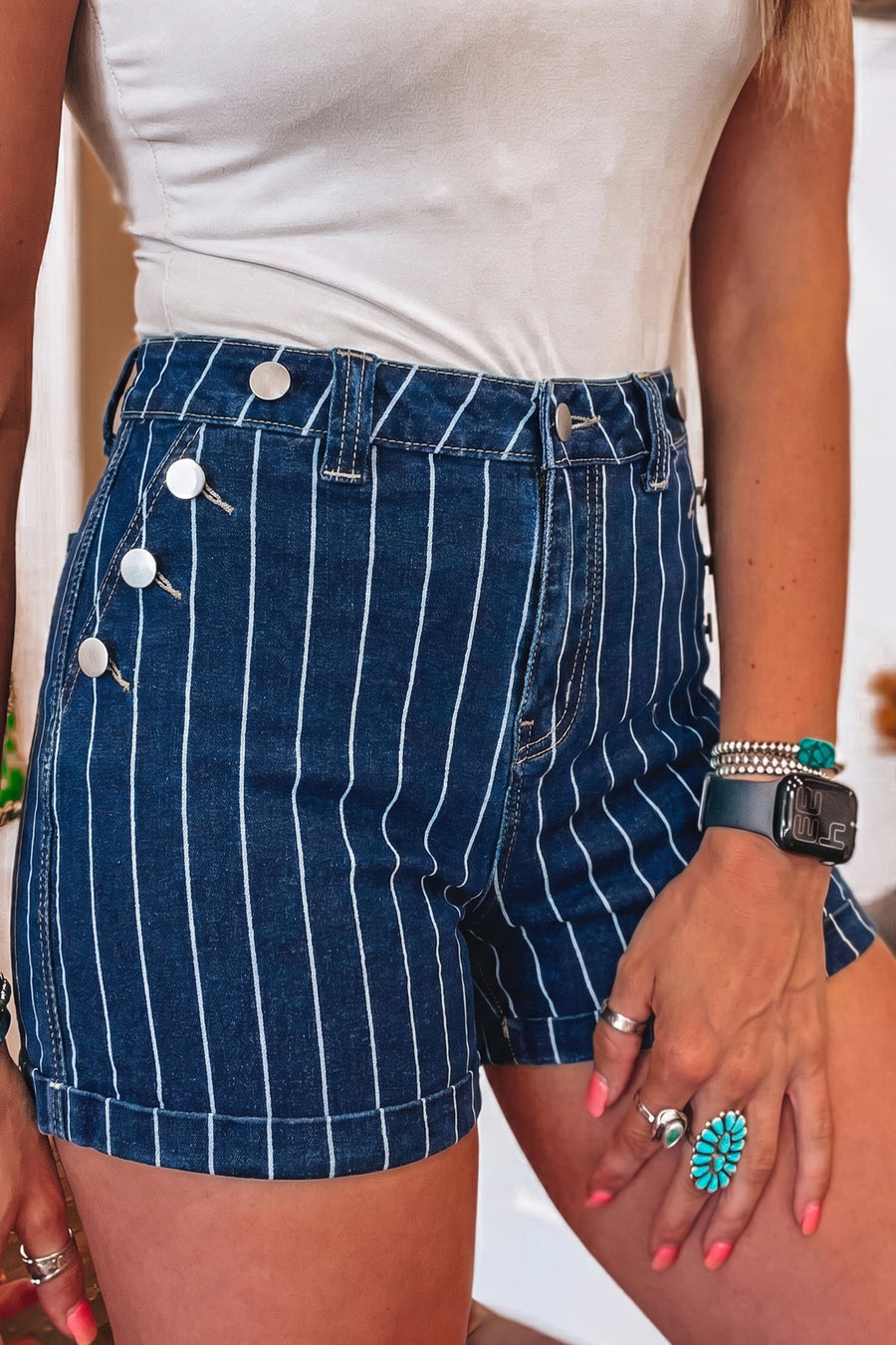 Striped Metal Button High Waist Denim Shorts Women UK