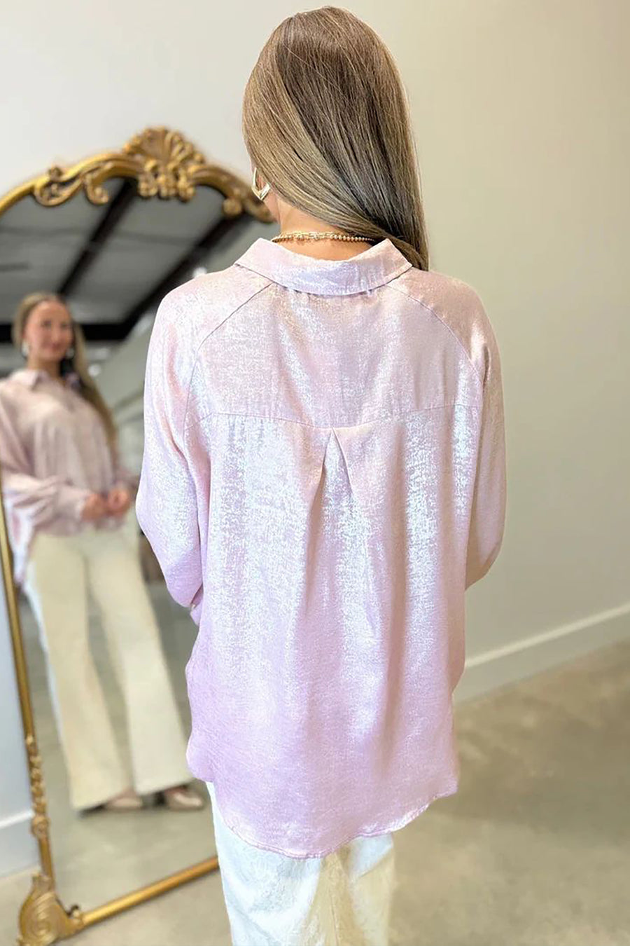 Button Front Ruffle Cuffs Back Paneling Blouse