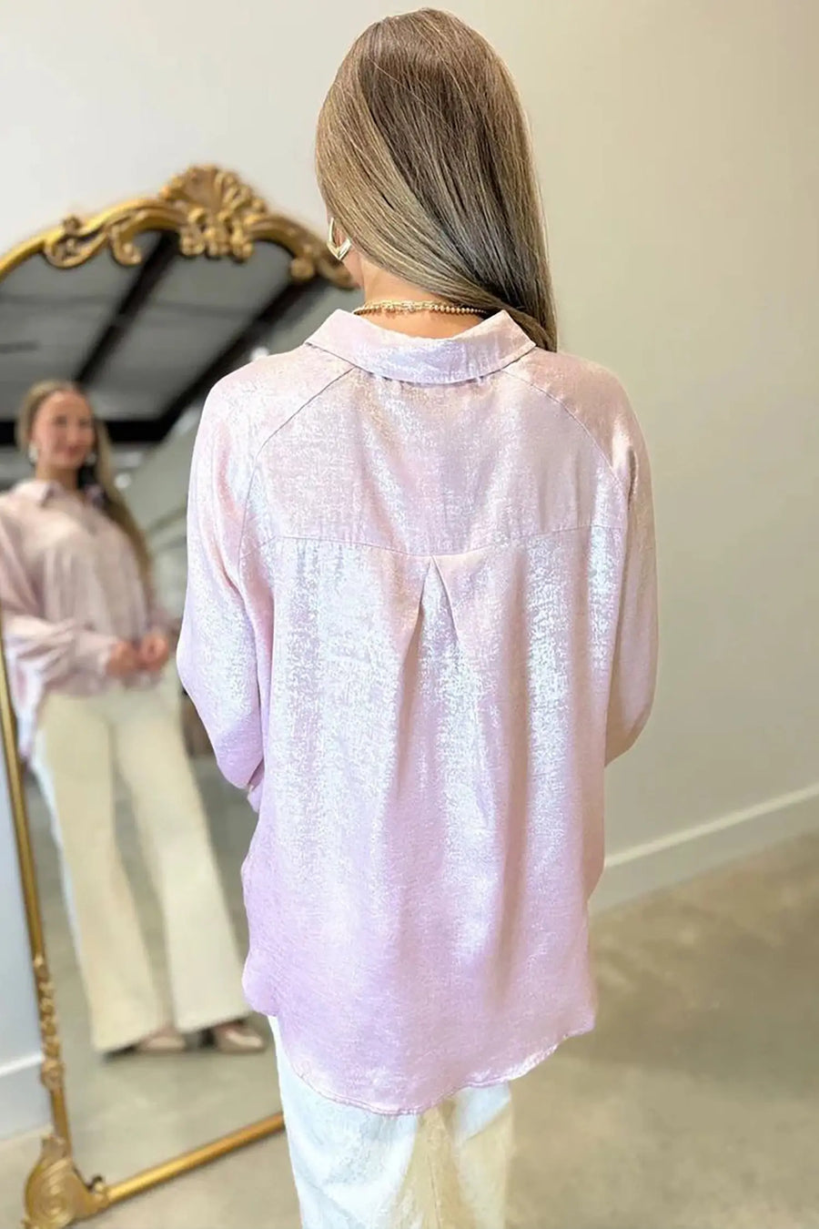 Button Front Ruffle Cuffs Back Paneling Blouse — close-up detail | Fashionfitz UK