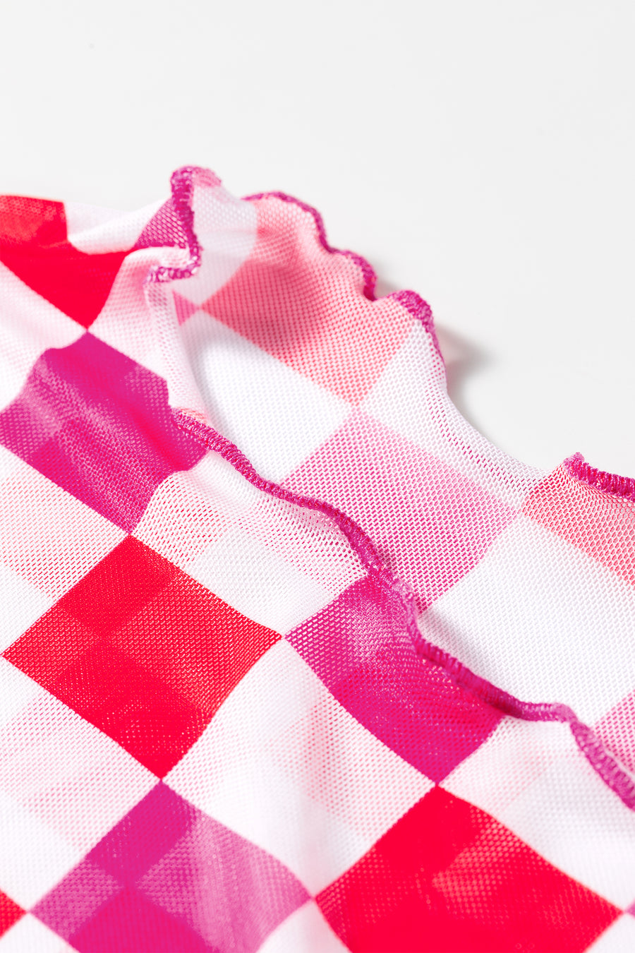 Plaid Heart Mesh Sheer Long Sleeve High Neck Blouse